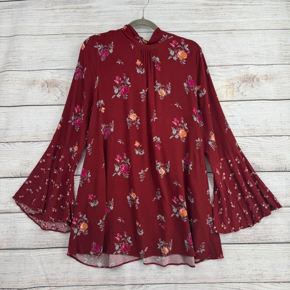Free People Tunic Dress Womens L Burgundy Floral Bell Sleeve Open Back